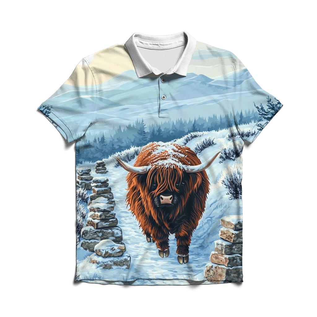 Highland Cow Snowy Cairn Trail premium cotton polo shirts