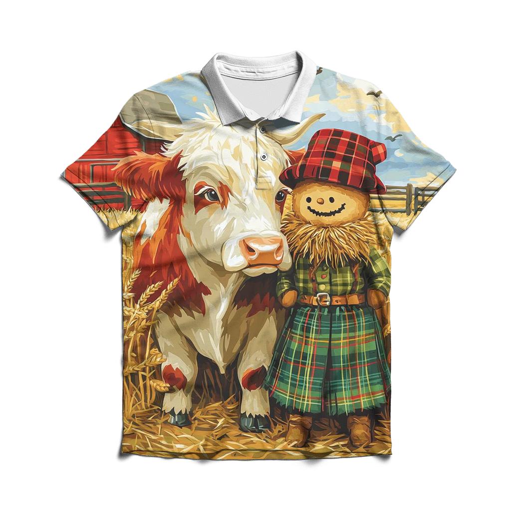 Highland Cow And Kilted Scarecrow Field designer slim fit polos