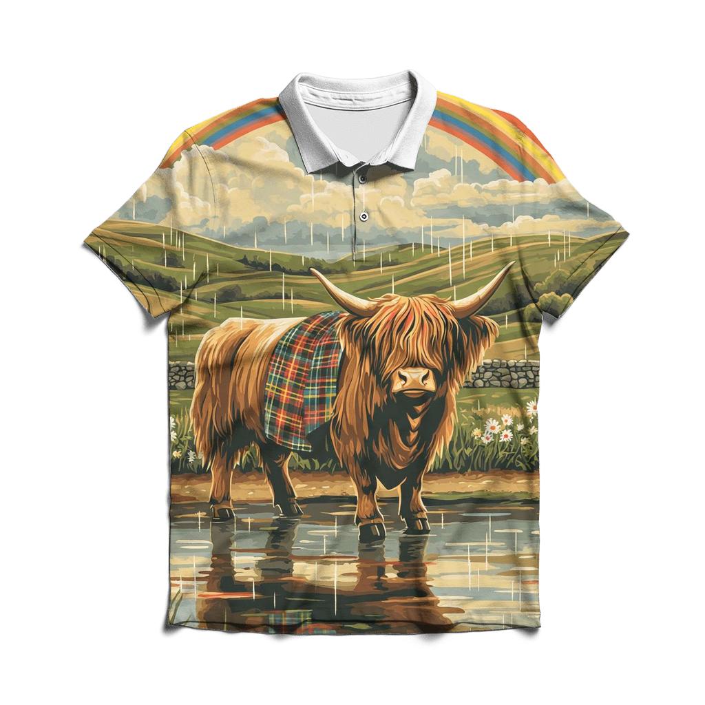 Highland Cow Under Rainbow Drizzle classic pique polos