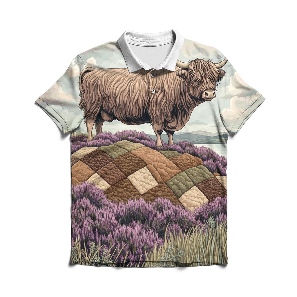 Highland Cow On The Heather Quilt Hill personalized polo shirts