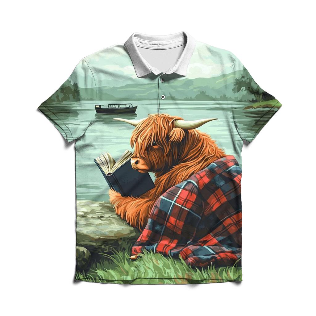 Highland Cow Lochness Shore Book Reader premium cotton polo shirts