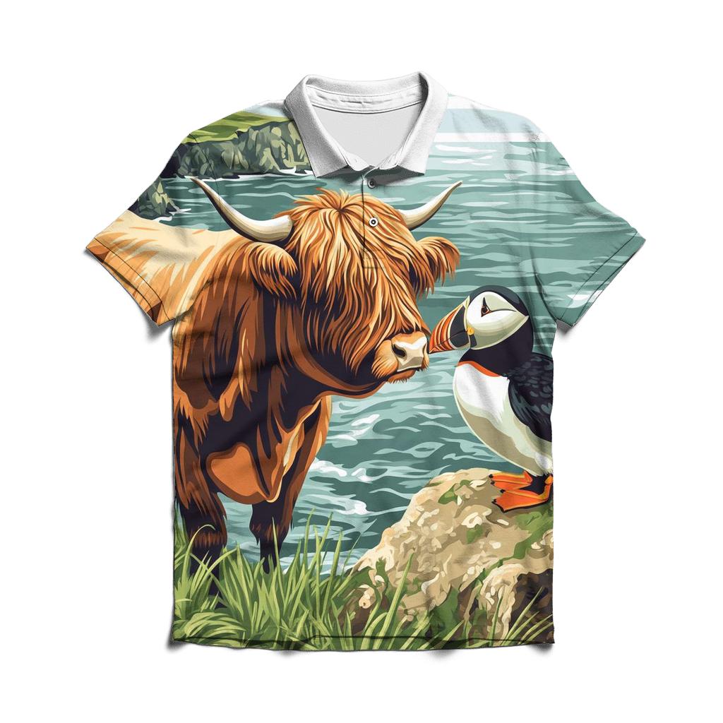Highland Cow And Puffin Clifftop Hello stylish collar polo tees