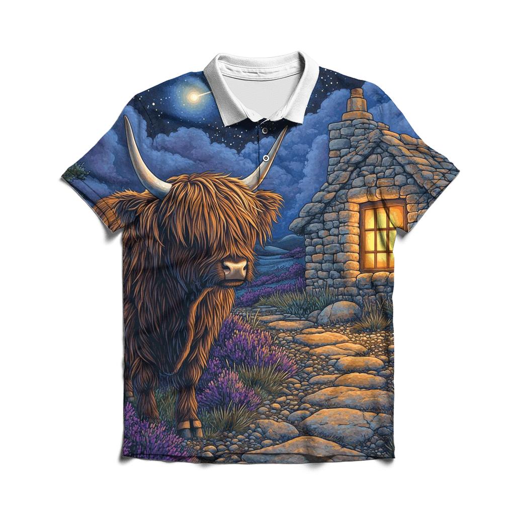 Midnight Bothy Highland Cow Guardian premium cotton polo shirts