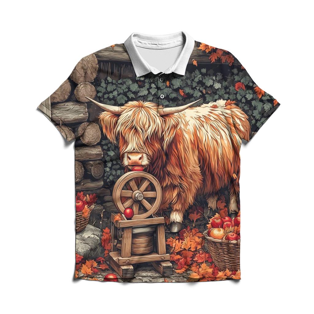 Highland Cow Cider Press Autumn Yard premium cotton polo shirts
