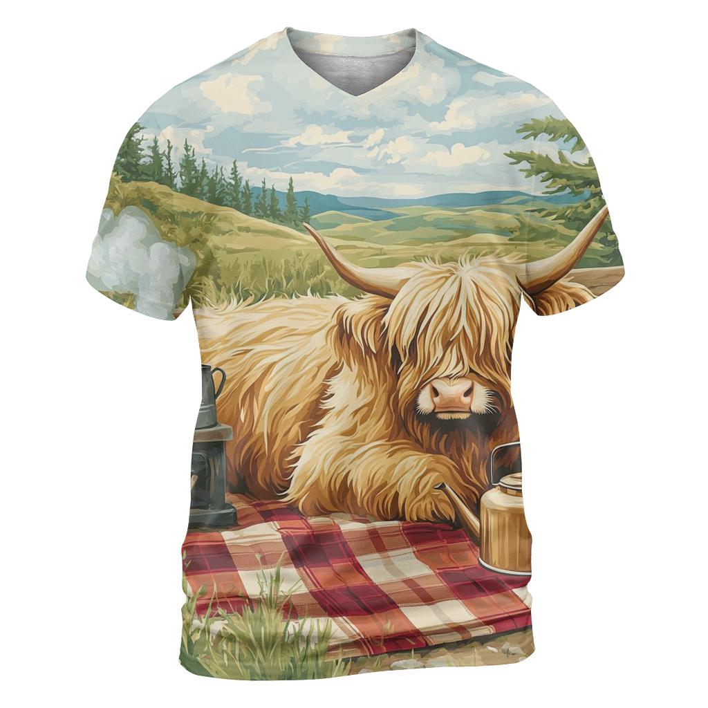 Tea Picnic With Highland Cow Companion artistic all-over print tops