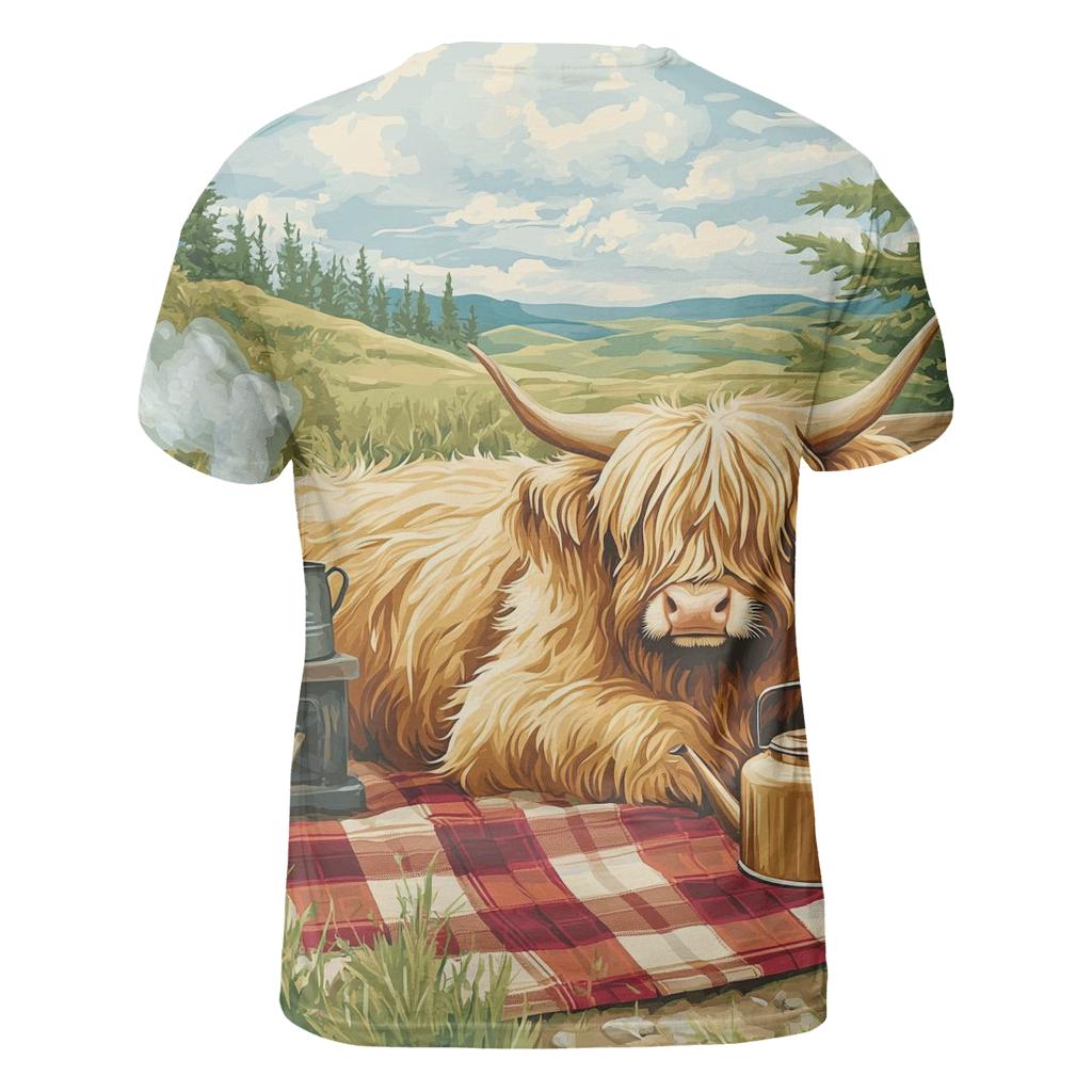 Tea Picnic With Highland Cow Companion artistic all-over print tops