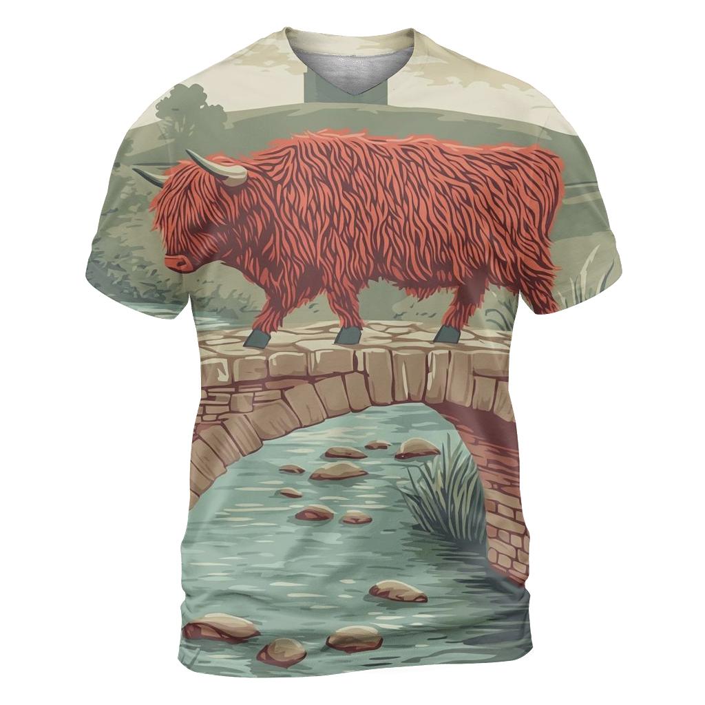 Stone Bridge Crossing Highland Cow vibrant all-over design tees