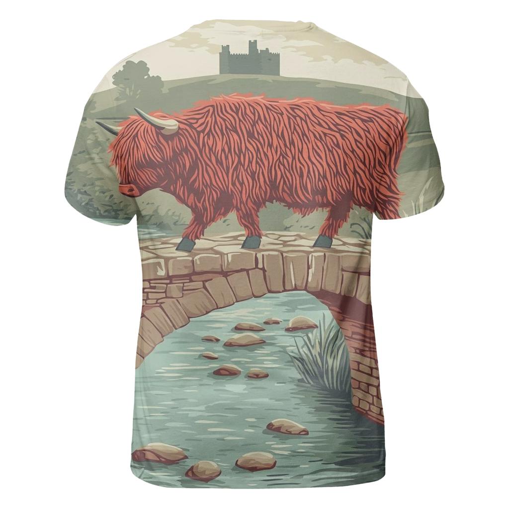 Stone Bridge Crossing Highland Cow vibrant all-over design tees