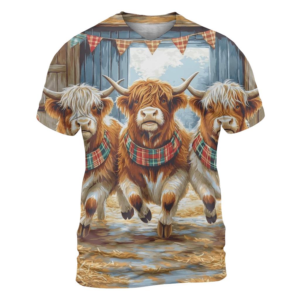 Ceilidh Dance Highland Cow Trio vibrant all-over design tees