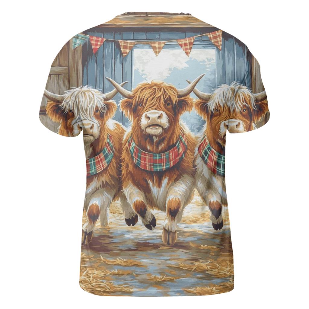 Ceilidh Dance Highland Cow Trio vibrant all-over design tees
