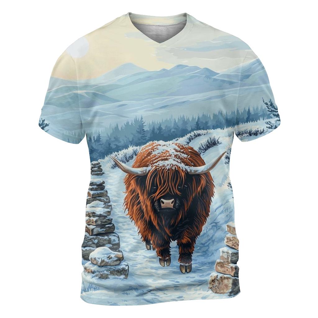 Highland Cow Snowy Cairn Trail unique graphic print tees