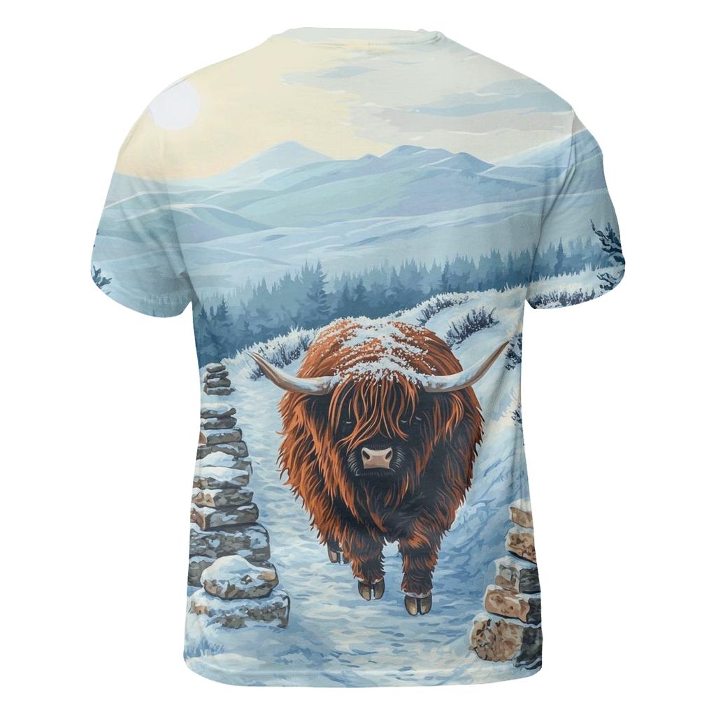 Highland Cow Snowy Cairn Trail unique graphic print tees