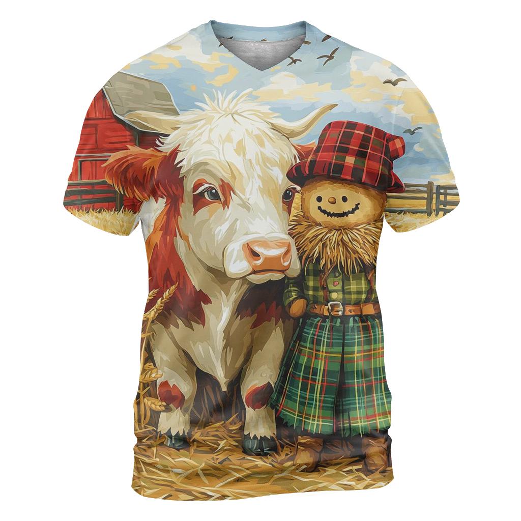 Highland Cow And Kilted Scarecrow Field trendy printed shirt styles