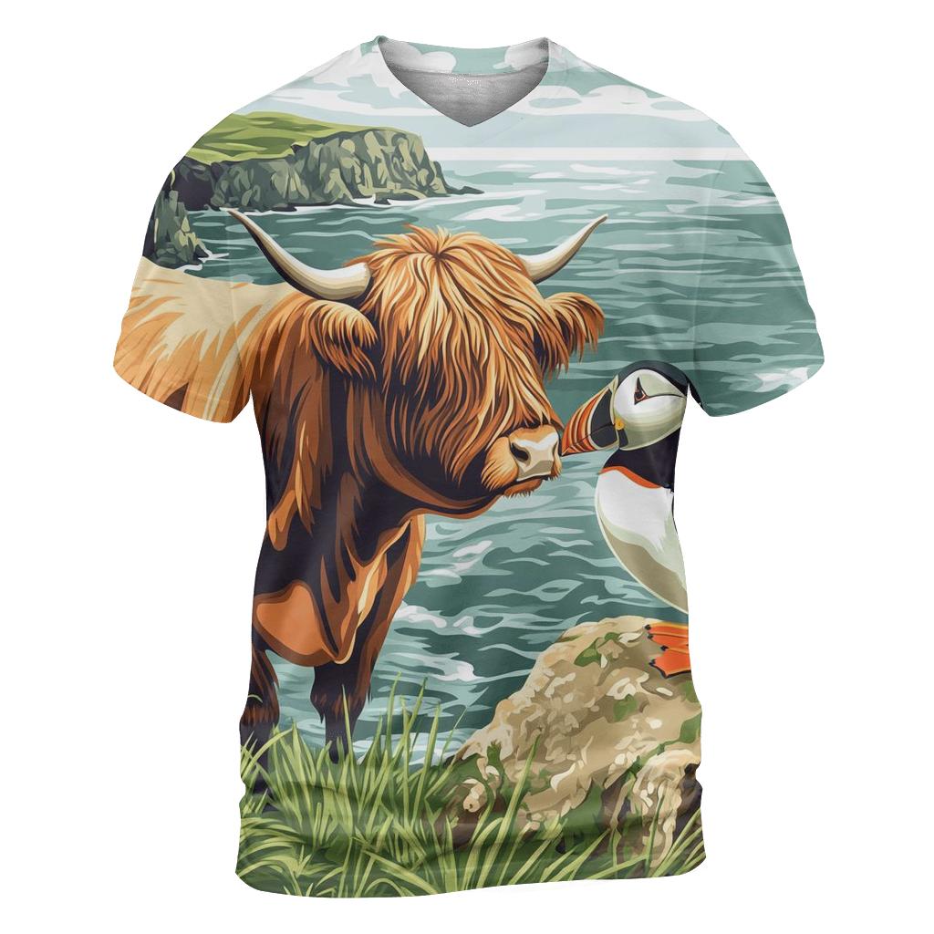 Highland Cow And Puffin Clifftop Hello personalized full print shirts