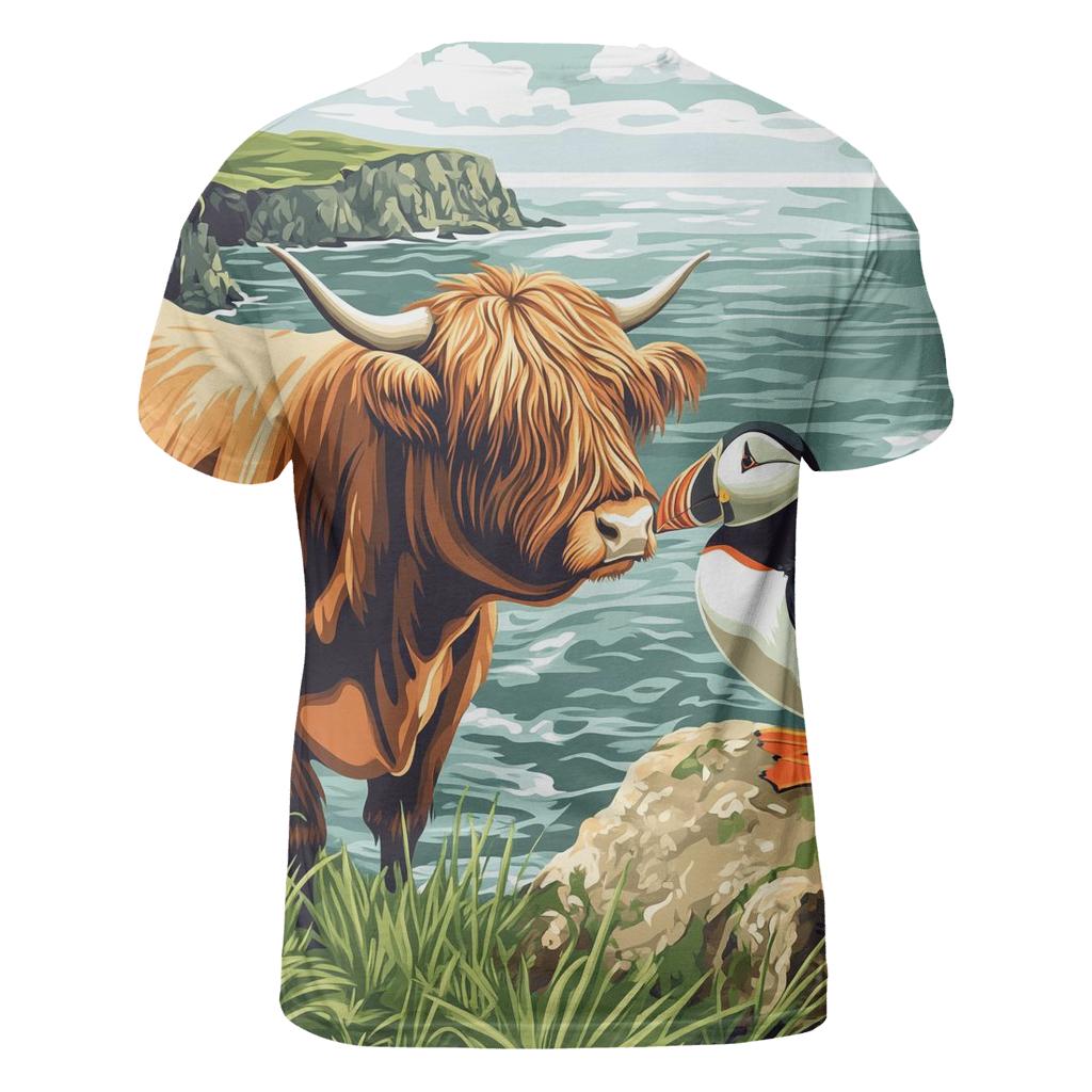Highland Cow And Puffin Clifftop Hello personalized full print shirts