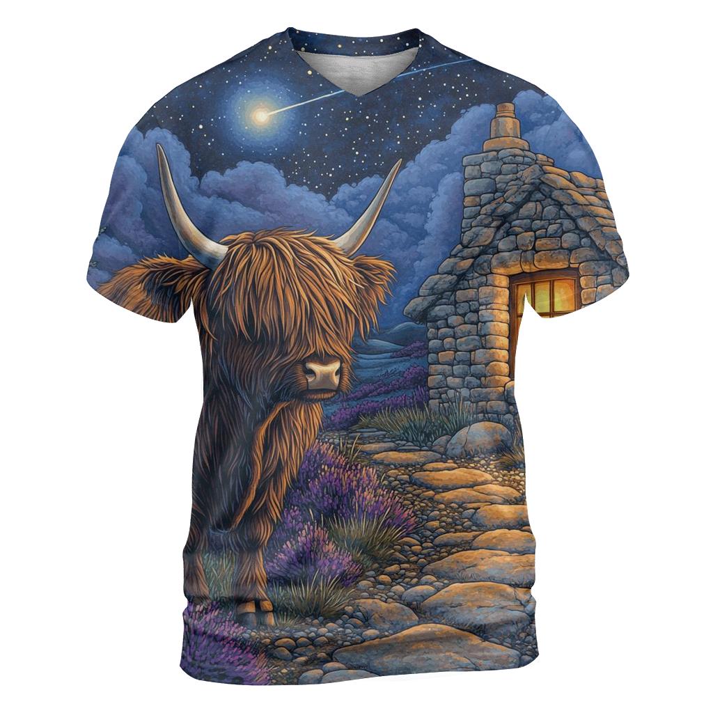 Midnight Bothy Highland Cow Guardian artistic all-over print tops