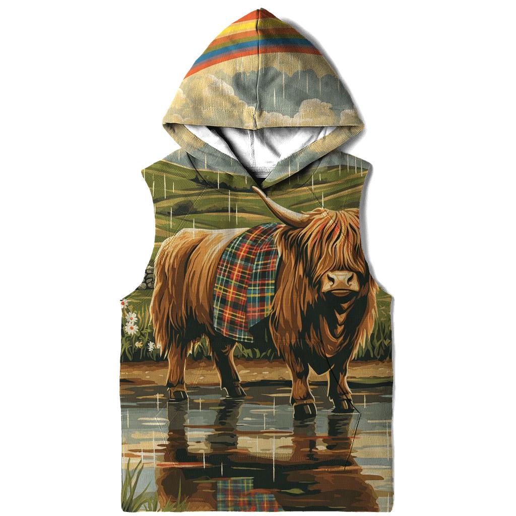 Highland Cow Under Rainbow Drizzle premium hoodies