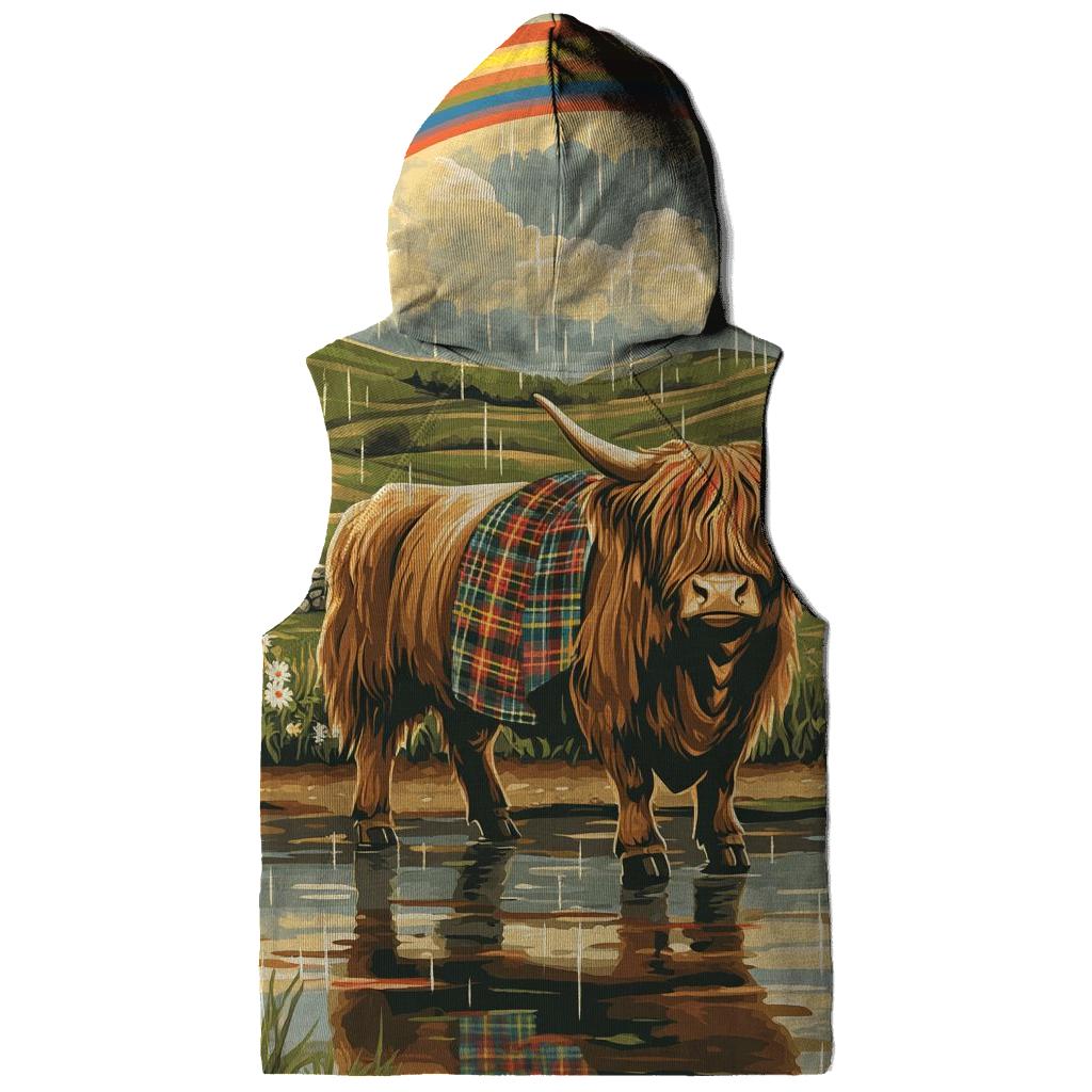 Highland Cow Under Rainbow Drizzle premium hoodies