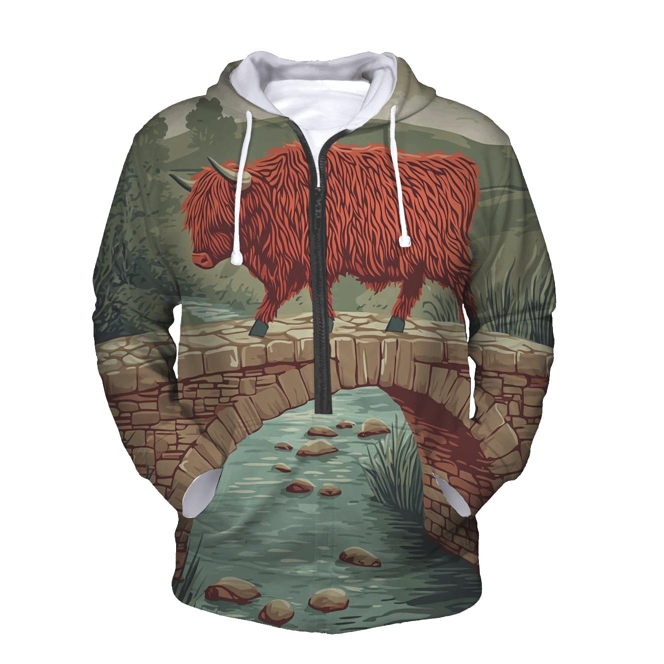 Stone Bridge Crossing Highland Cow hoodie trends