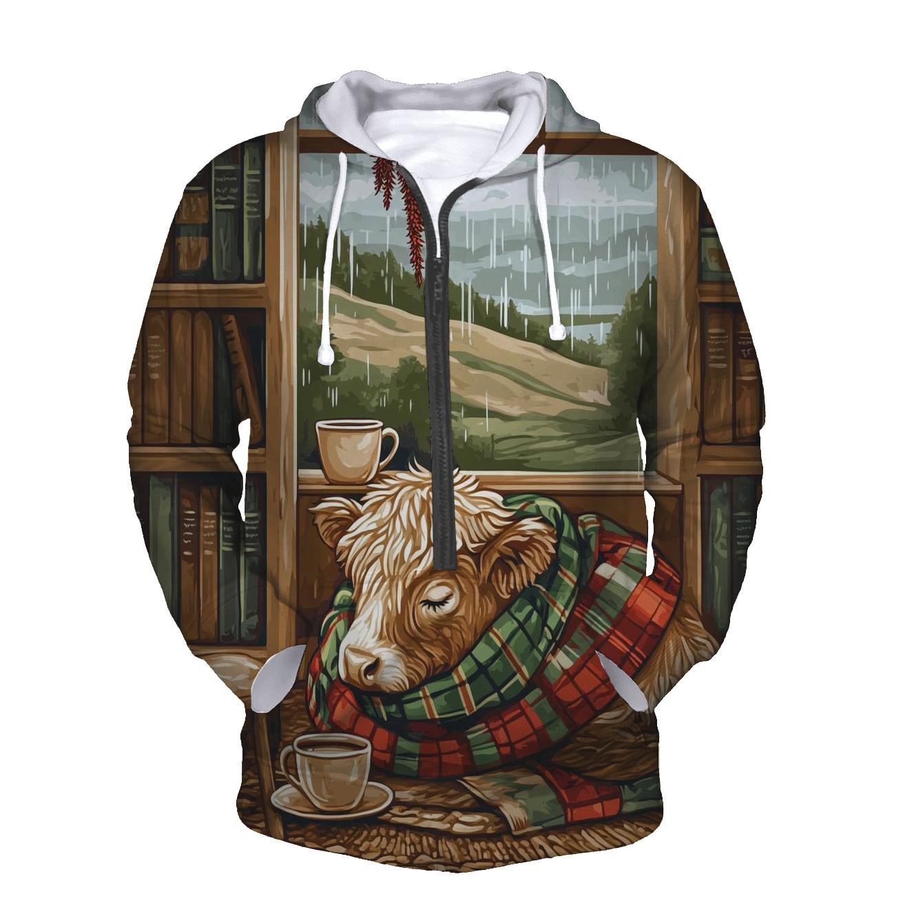 Highland Cow In Tartan Bookshop Nook premium hoodies