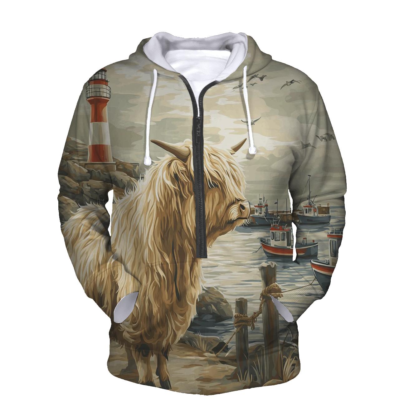 Harbor Fog Highland Cow Watcher graphic hoodies