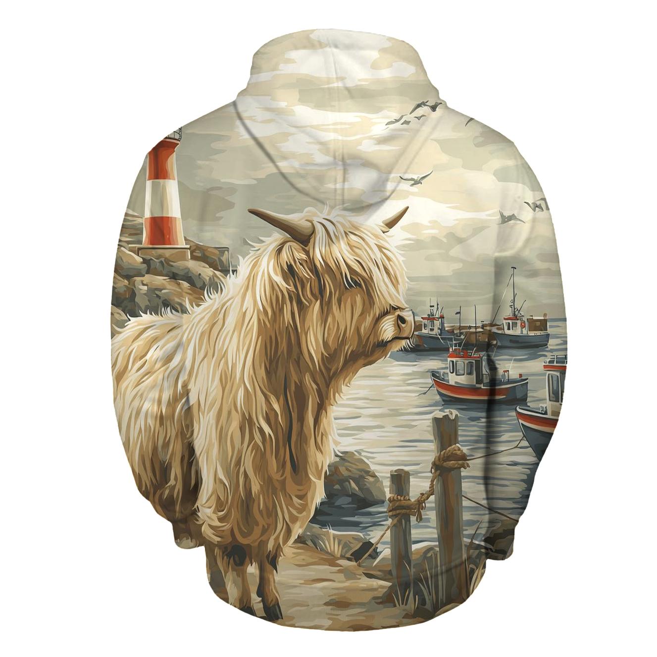 Harbor Fog Highland Cow Watcher graphic hoodies