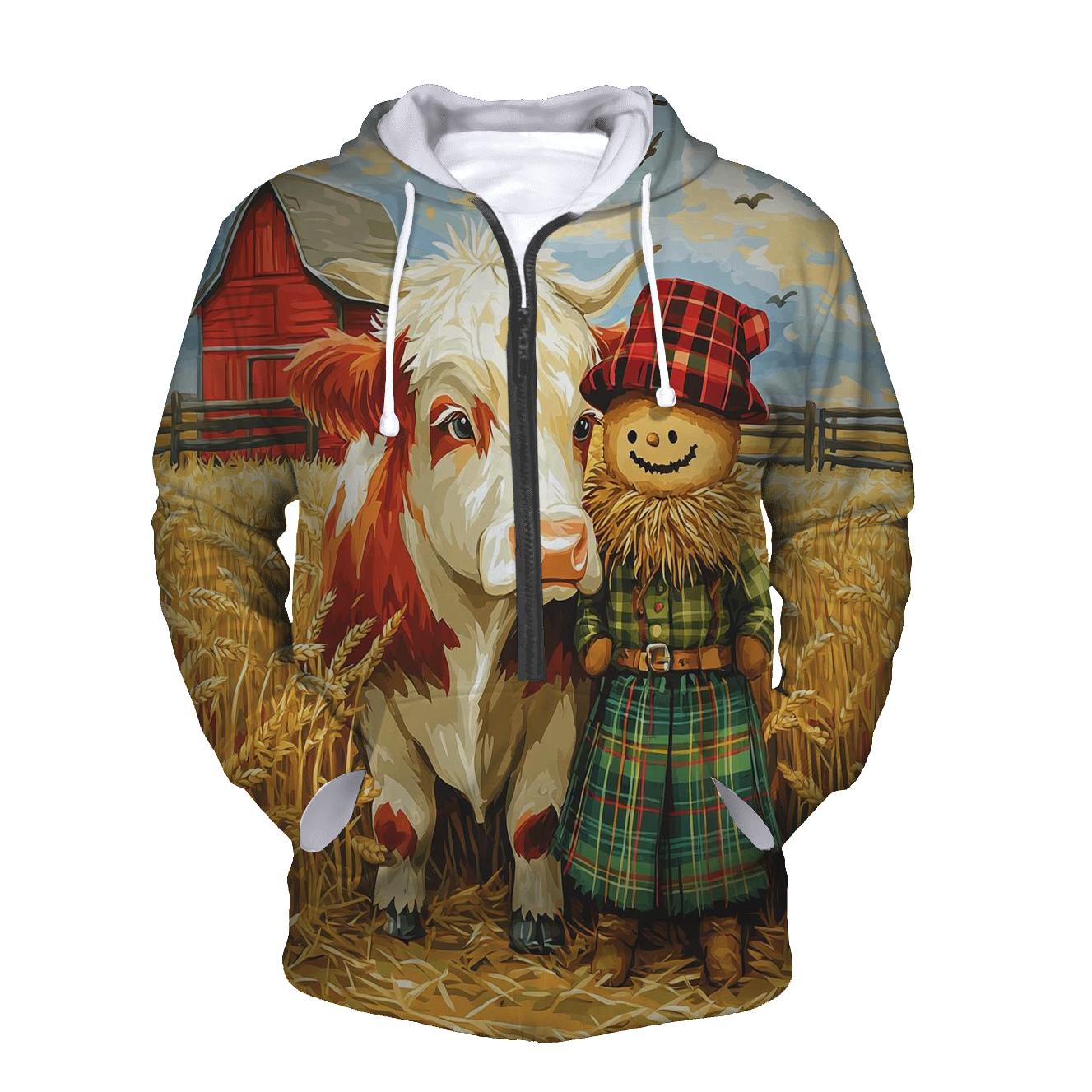 Highland Cow And Kilted Scarecrow Field hoodie designs