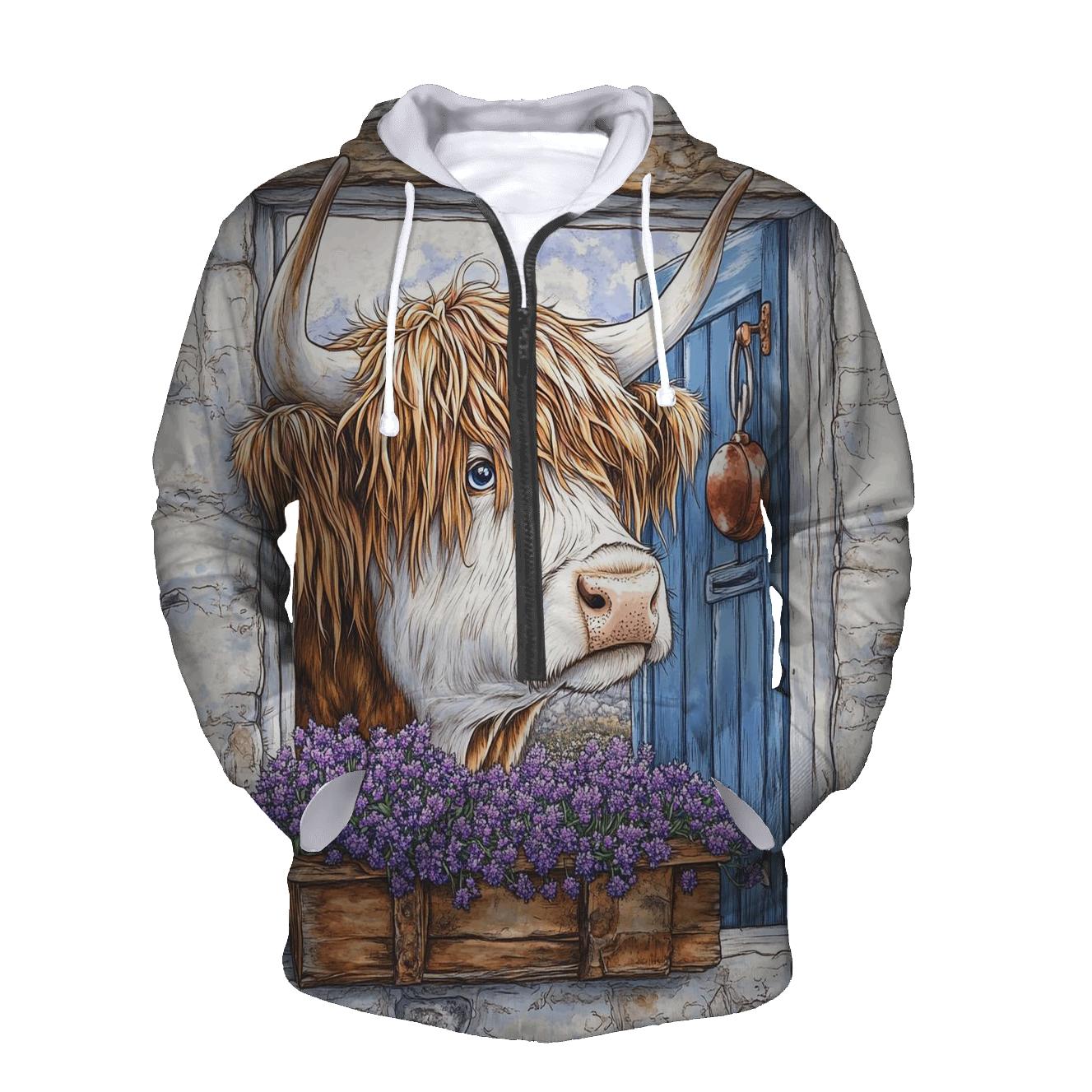 Crofthouse Window Highland Cow Peek pullover hoodies
