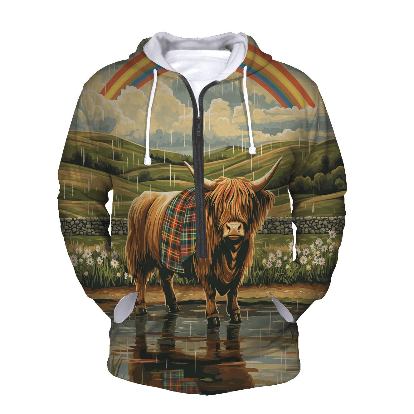 Highland Cow Under Rainbow Drizzle graphic hoodies