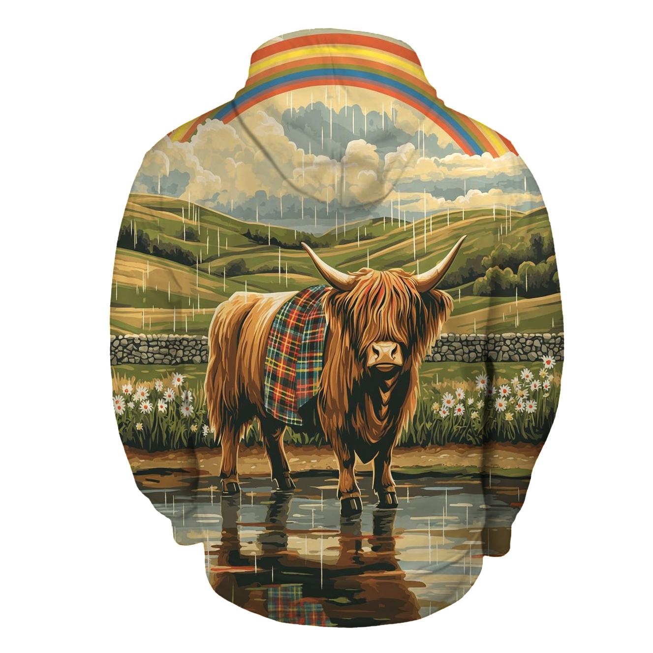 Highland Cow Under Rainbow Drizzle graphic hoodies