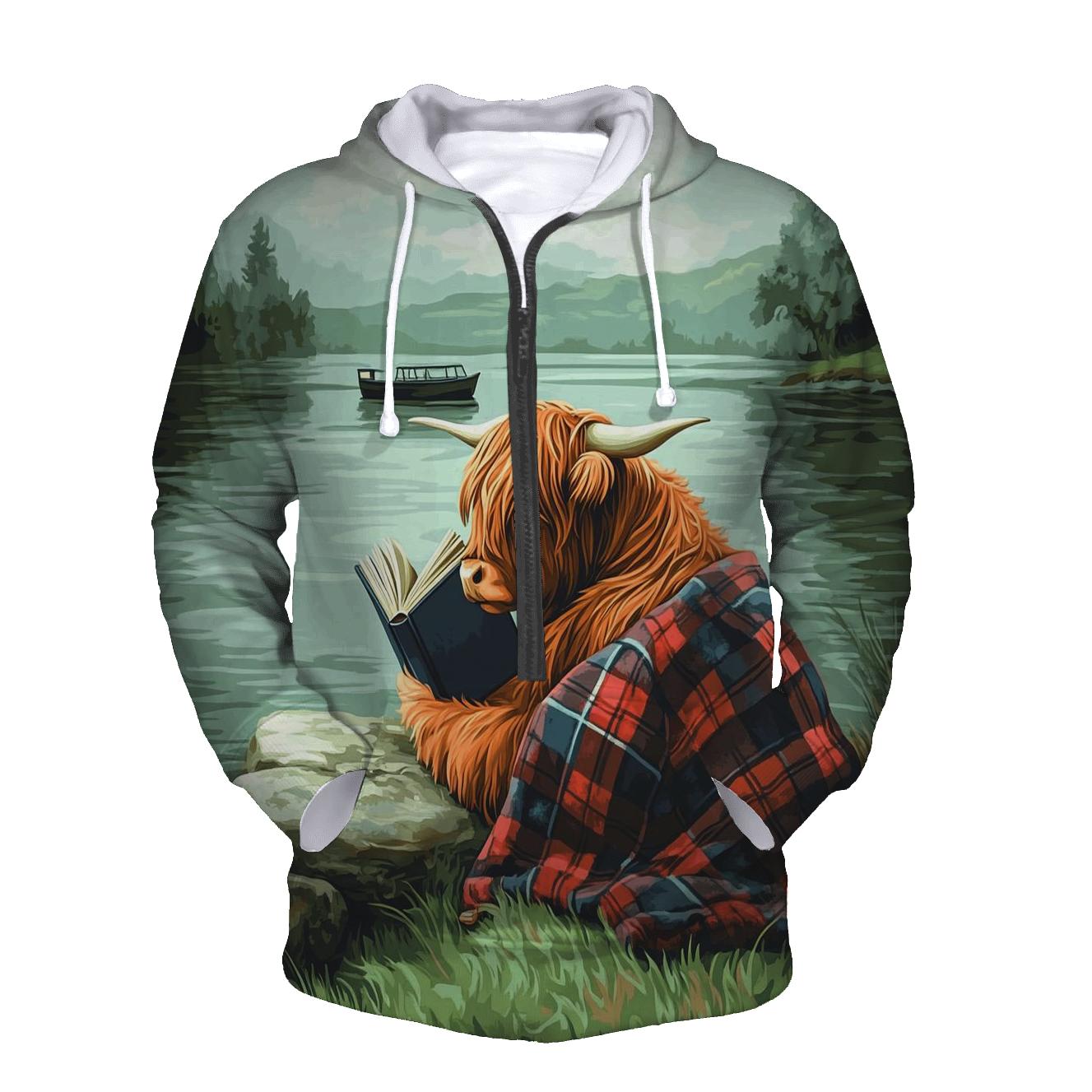 Highland Cow Lochness Shore Book Reader embroidered hoodies