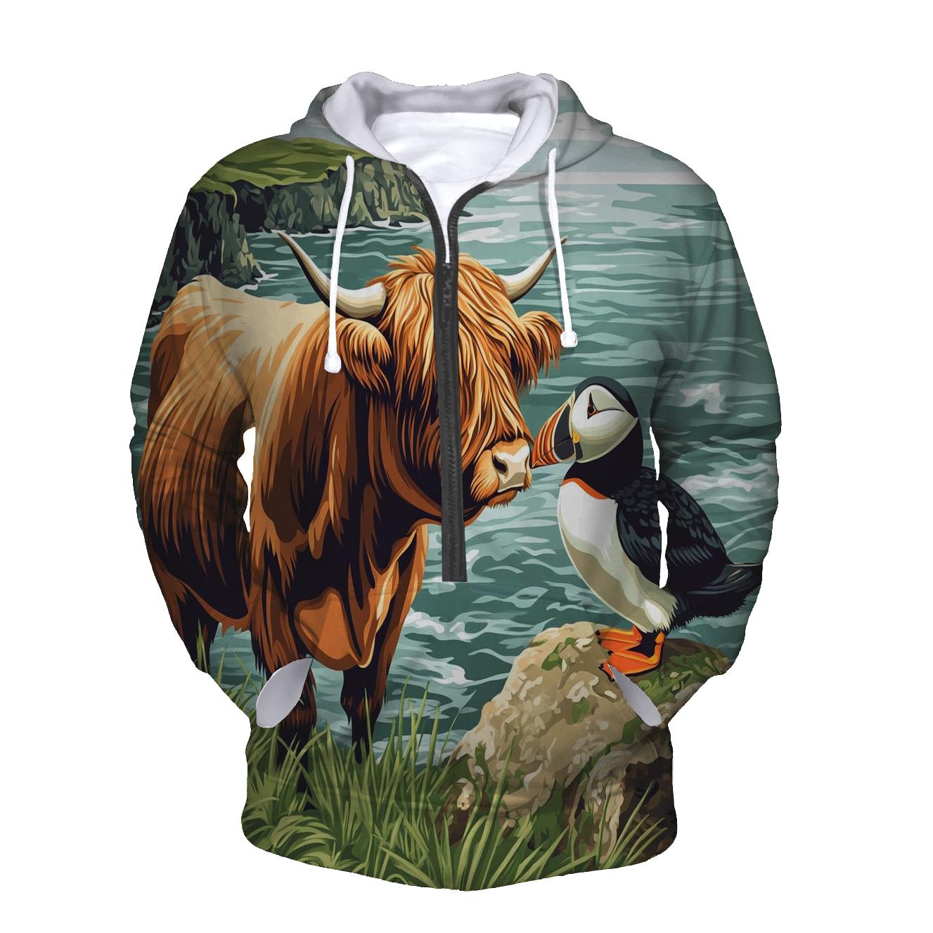 Highland Cow And Puffin Clifftop Hello designer hoodies