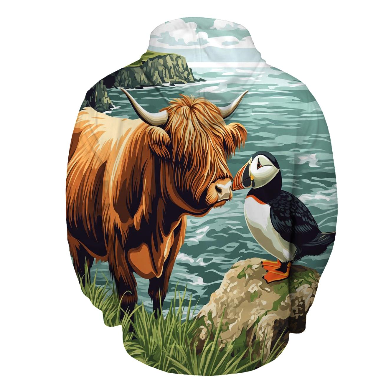 Highland Cow And Puffin Clifftop Hello designer hoodies