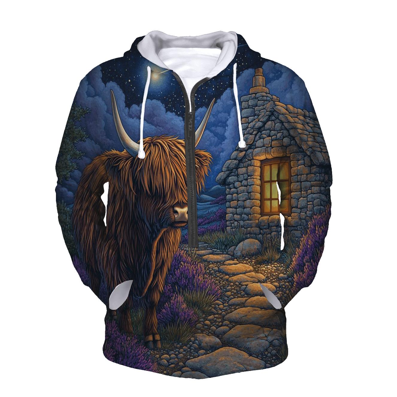 Midnight Bothy Highland Cow Guardian designer hoodies