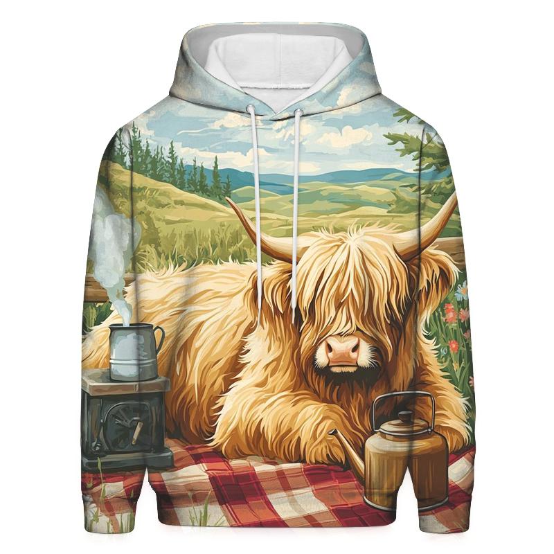Tea Picnic With Highland Cow Companion embroidered hoodies