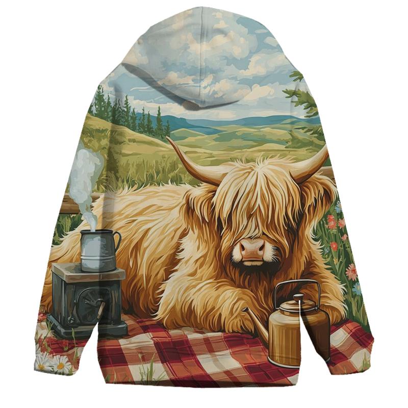 Tea Picnic With Highland Cow Companion embroidered hoodies