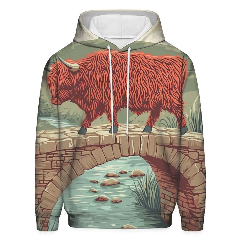 Stone Bridge Crossing Highland Cow hoodies fashion