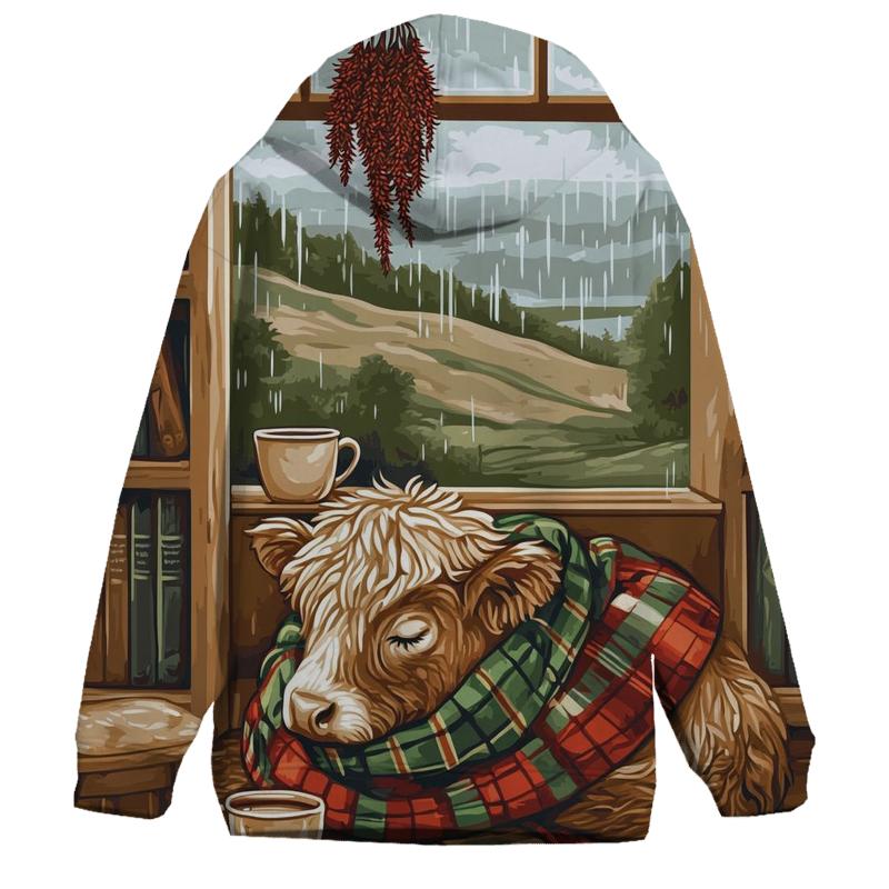 Highland Cow In Tartan Bookshop Nook zip-up hoodies