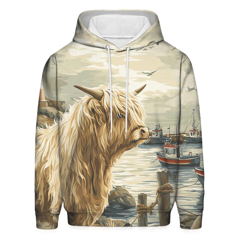 Harbor Fog Highland Cow Watcher pullover hoodies