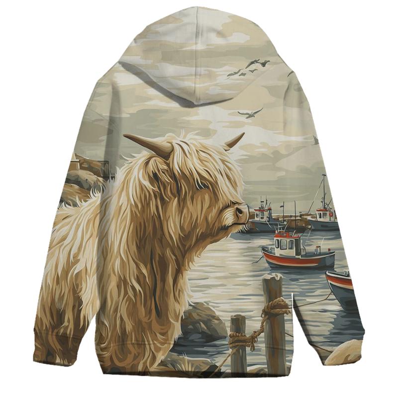 Harbor Fog Highland Cow Watcher pullover hoodies