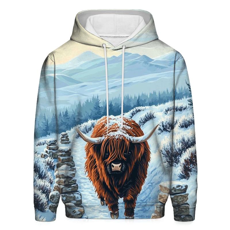 Highland Cow Snowy Cairn Trail premium hoodies
