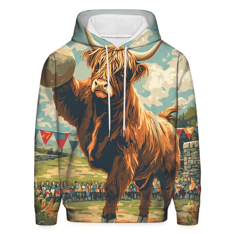 Highland Cow Highland Games Stone Toss printed hoodies