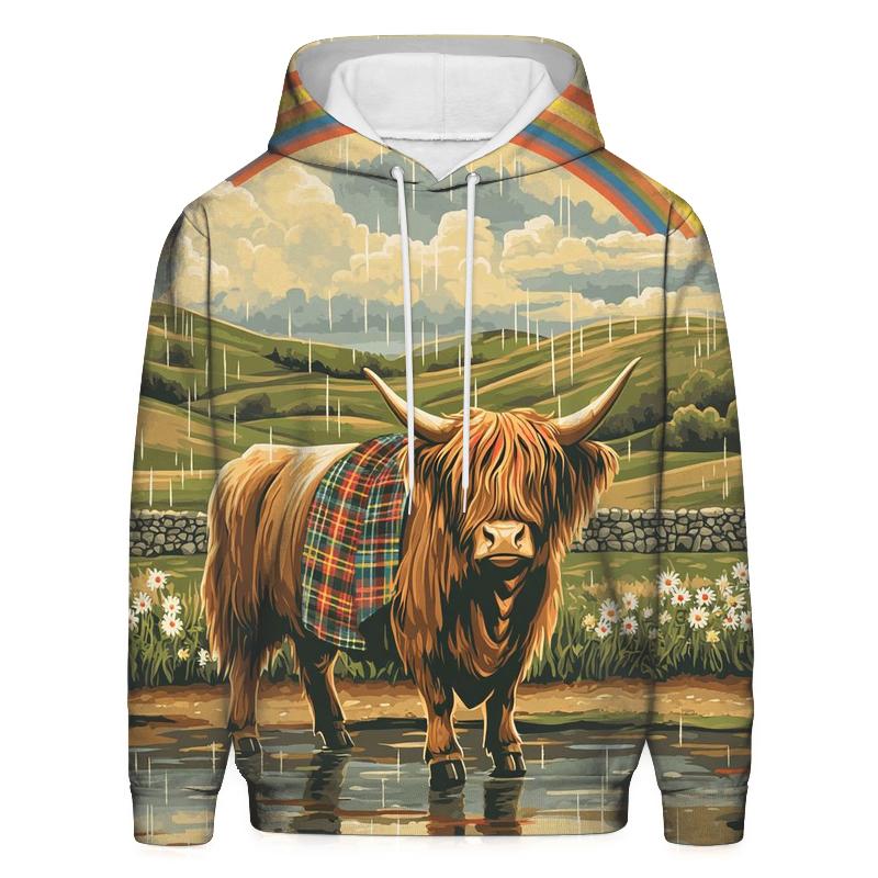 Highland Cow Under Rainbow Drizzle designer hoodies