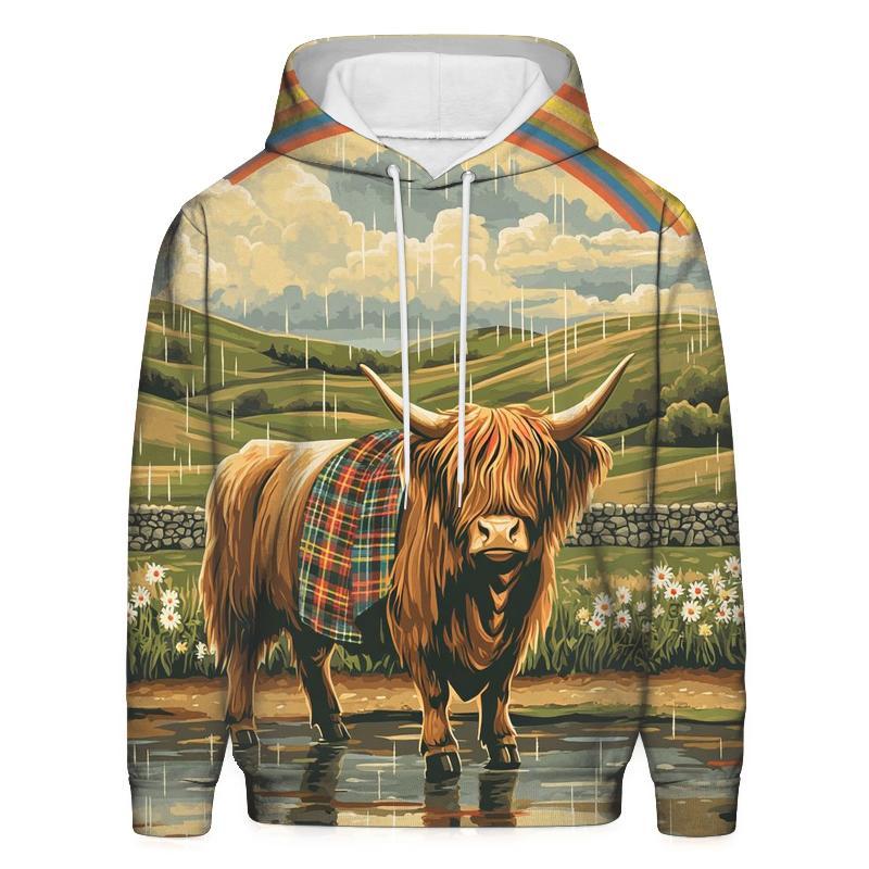 Highland Cow Under Rainbow Drizzle designer hoodies