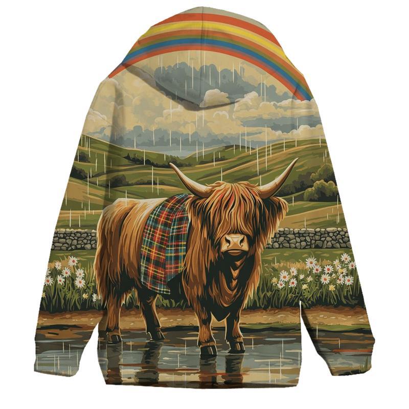 Highland Cow Under Rainbow Drizzle designer hoodies