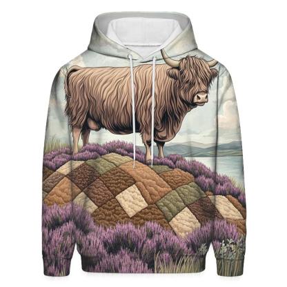 Highland Cow On The Heather Quilt Hill embroidered hoodies