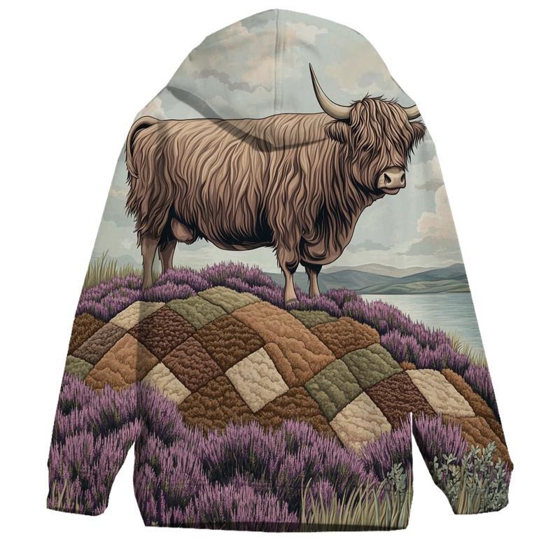 Highland Cow On The Heather Quilt Hill embroidered hoodies