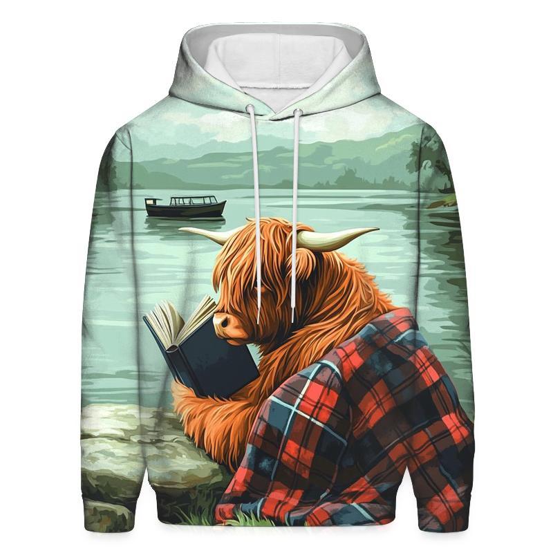 Highland Cow Lochness Shore Book Reader embroidered hoodies