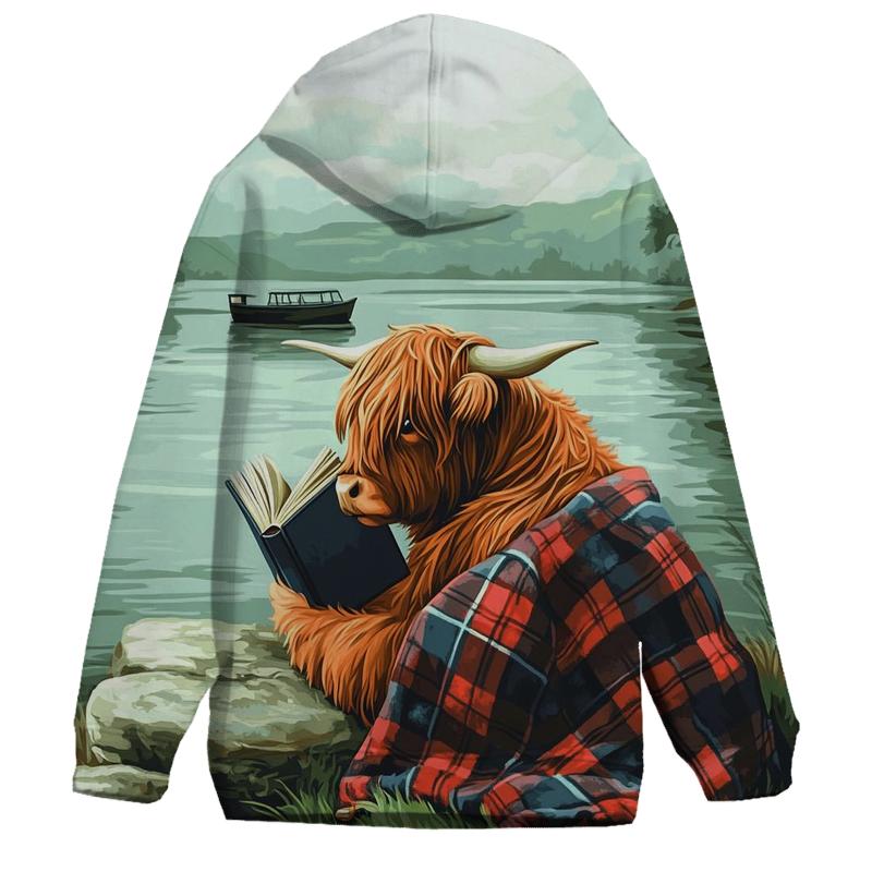 Highland Cow Lochness Shore Book Reader embroidered hoodies