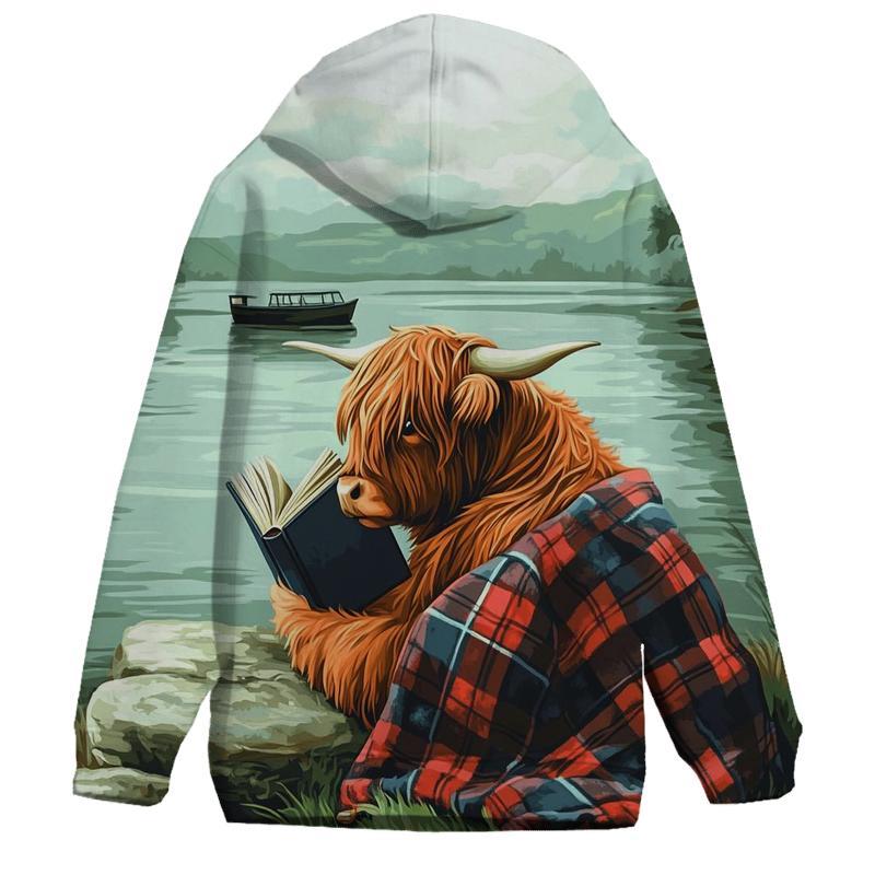 Highland Cow Lochness Shore Book Reader embroidered hoodies